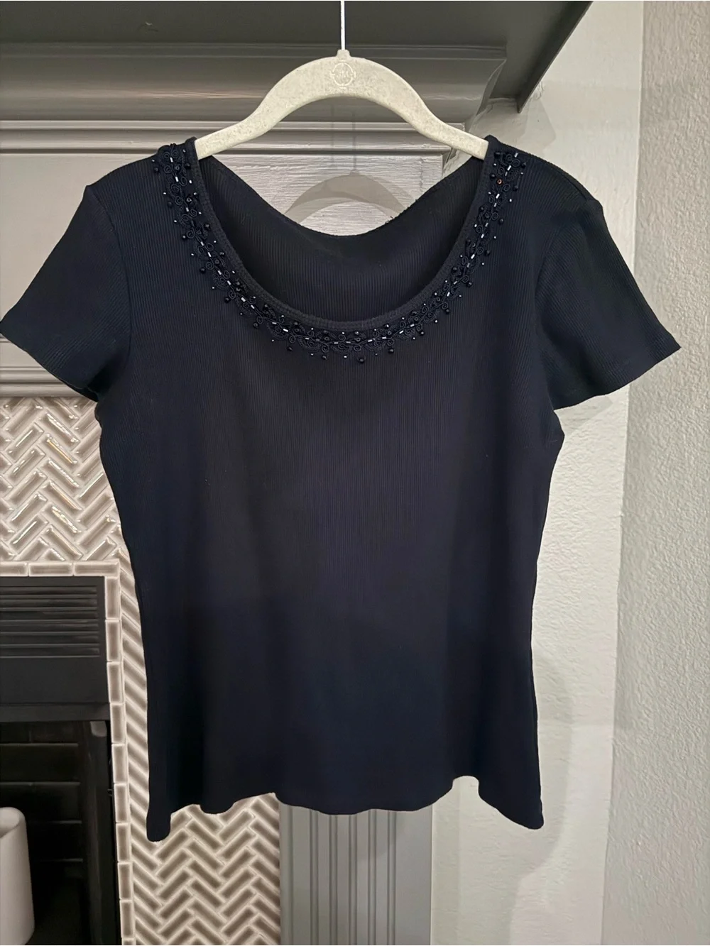Beaded Scoop Neck Short Sleeve Top - Dark Navy